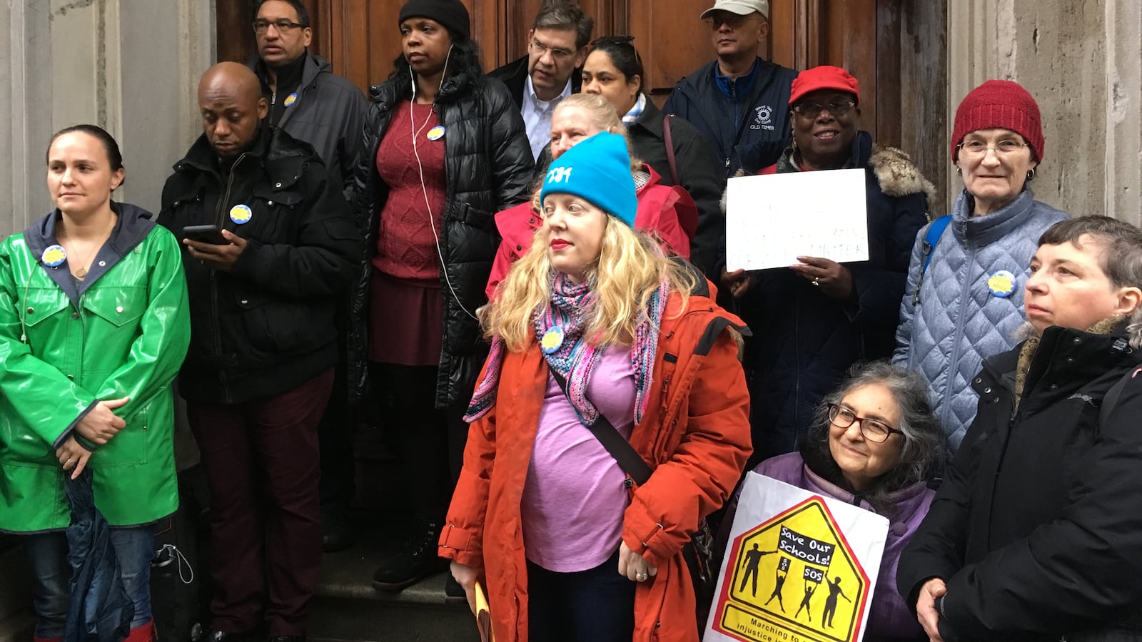 Parents and ddvocates rallied on the steps of the New York City education department headquarters to call for a say in the search for a new schools chancellor.