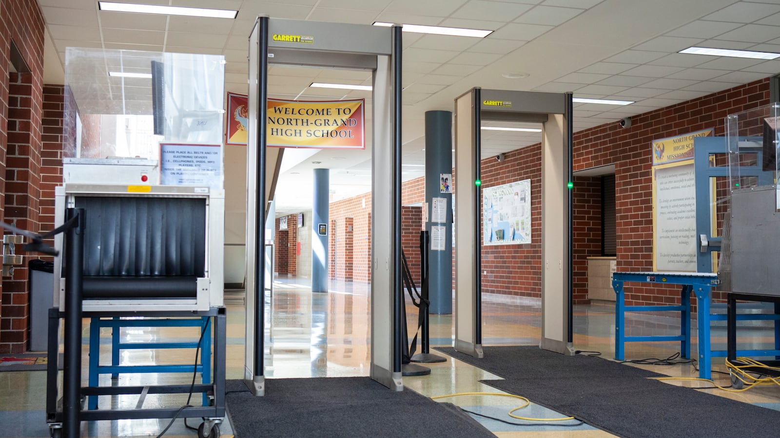 Metal detectors at an entrance to North-Grand High School in Chicago. Photo by Stacey Rupolo/Chalkbeat; Taken May, 2019