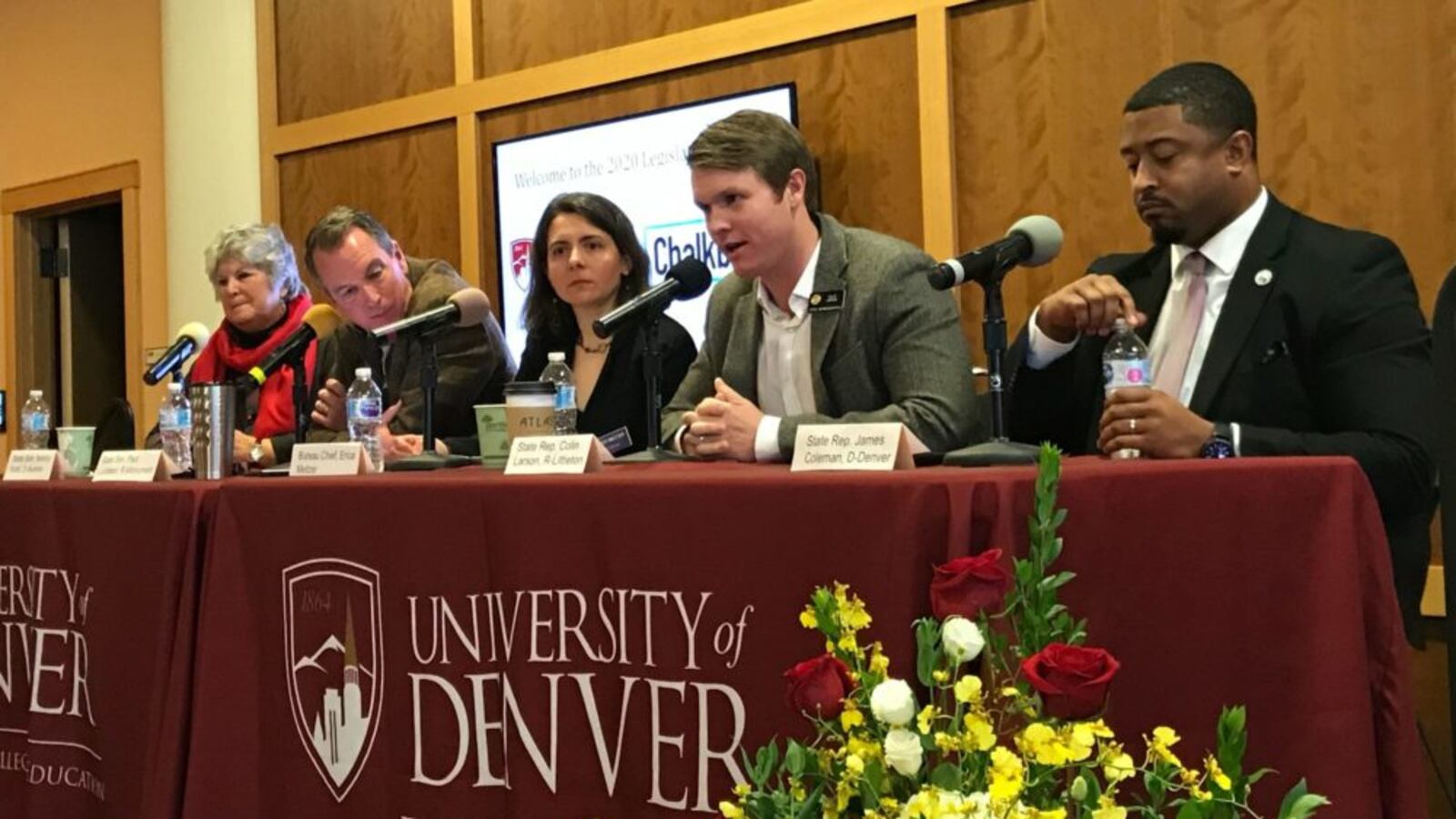 From R to L: State Rep. James Coleman, State Rep. Colin Larson, Chalkbeat Colorado Bureau Chief Erica Meltzer, State Sen. Paul Lundeen, and State Sen. Nancy Todd at Chalkbeat's 2020 Legislative Preview.