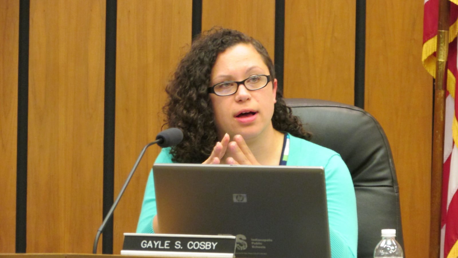 Board member Gayle Cosby speaks during an IPS school board meeting in May.