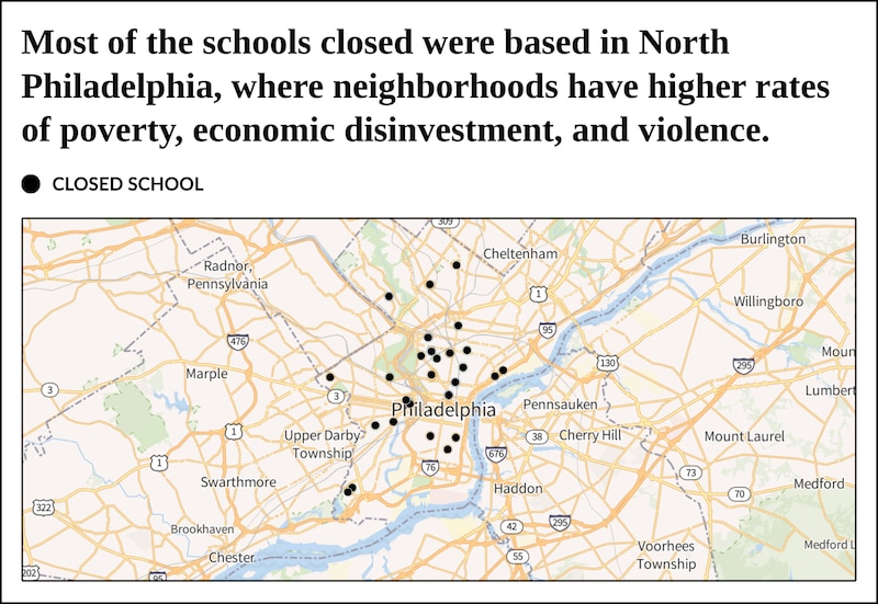 A data illustration of a map of Philly with a title.