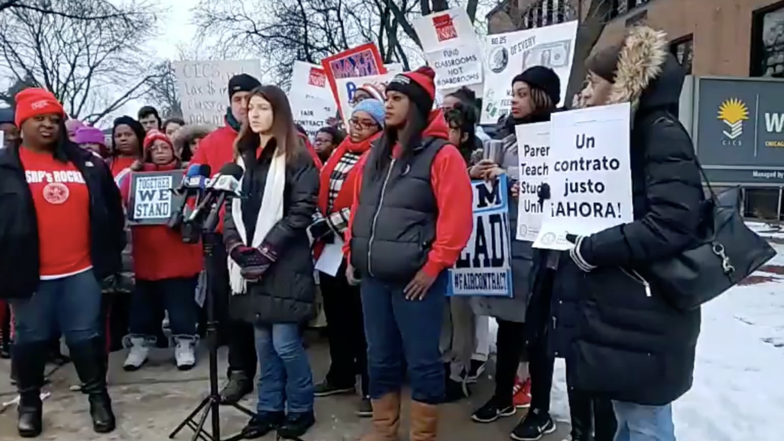 Charter teachers announce a strike date outside of outside CICS Wrightwood Elementary School in the Ashburn neighborhood.