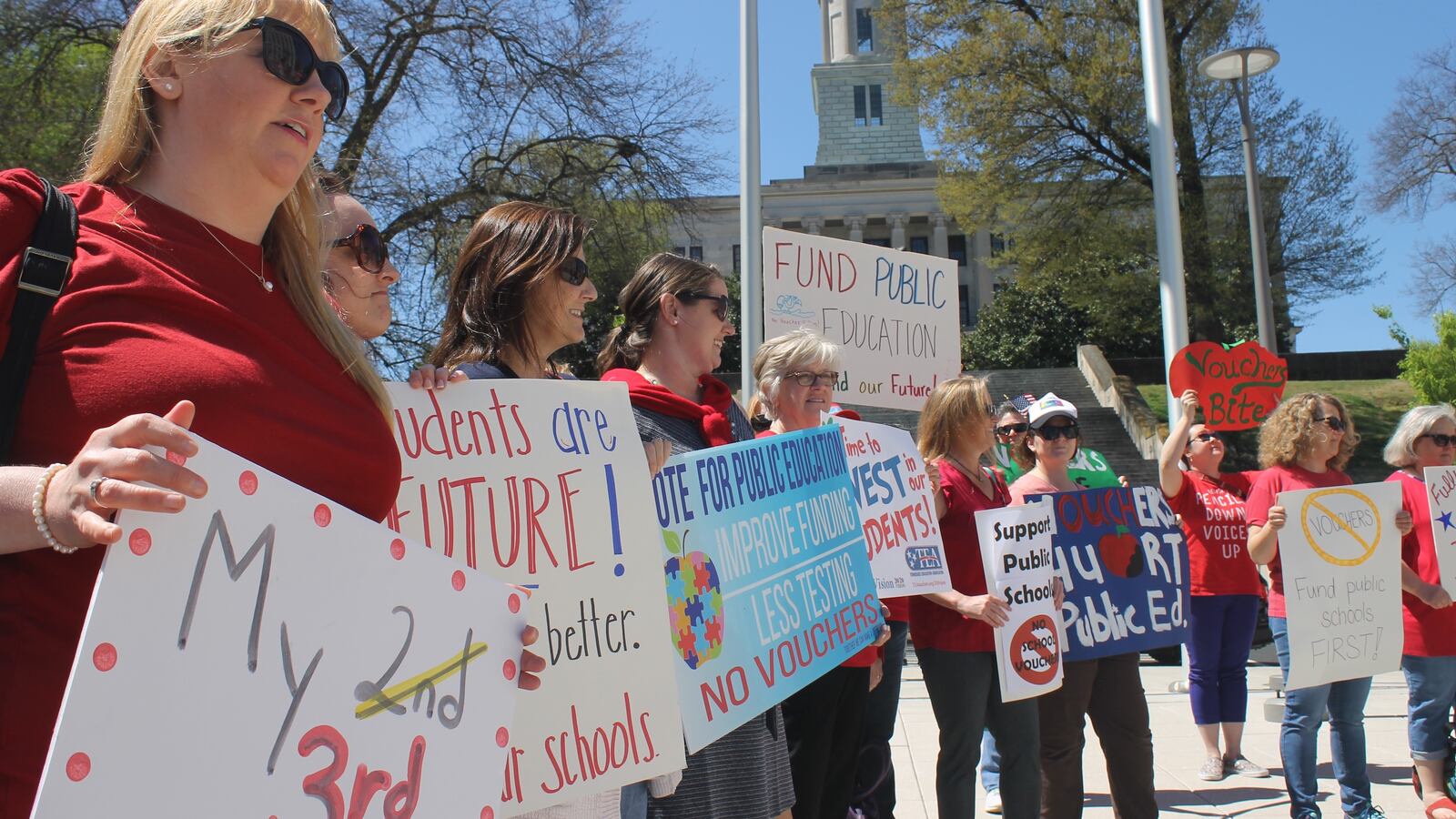 Teachers and parents rally against voucher legislation this spring outside of Tennessee’s State Capitol in Nashville.