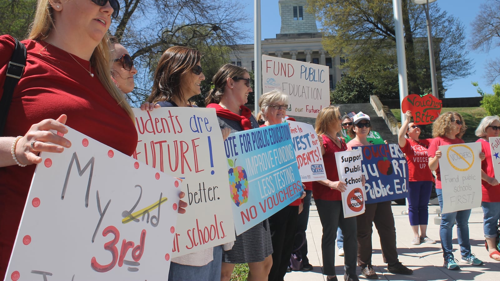 Teachers and parents rally against voucher legislation this spring outside of Tennessee’s State Capitol in Nashville.