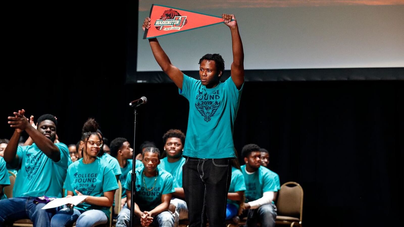 KIPP Memphis Collegiate High School senior Roy Antoine announces that he will be attending college at Washington University in St. Louis during the school’s Decision Day 2019 at The Cannon Center.