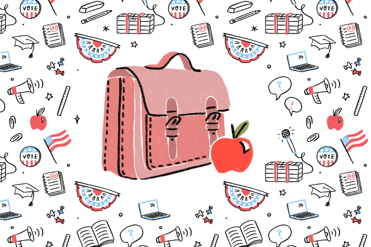 An illustration with small details showing books, computers, graduation caps and election symbols surround a large red suitcase with an apple on a white background.