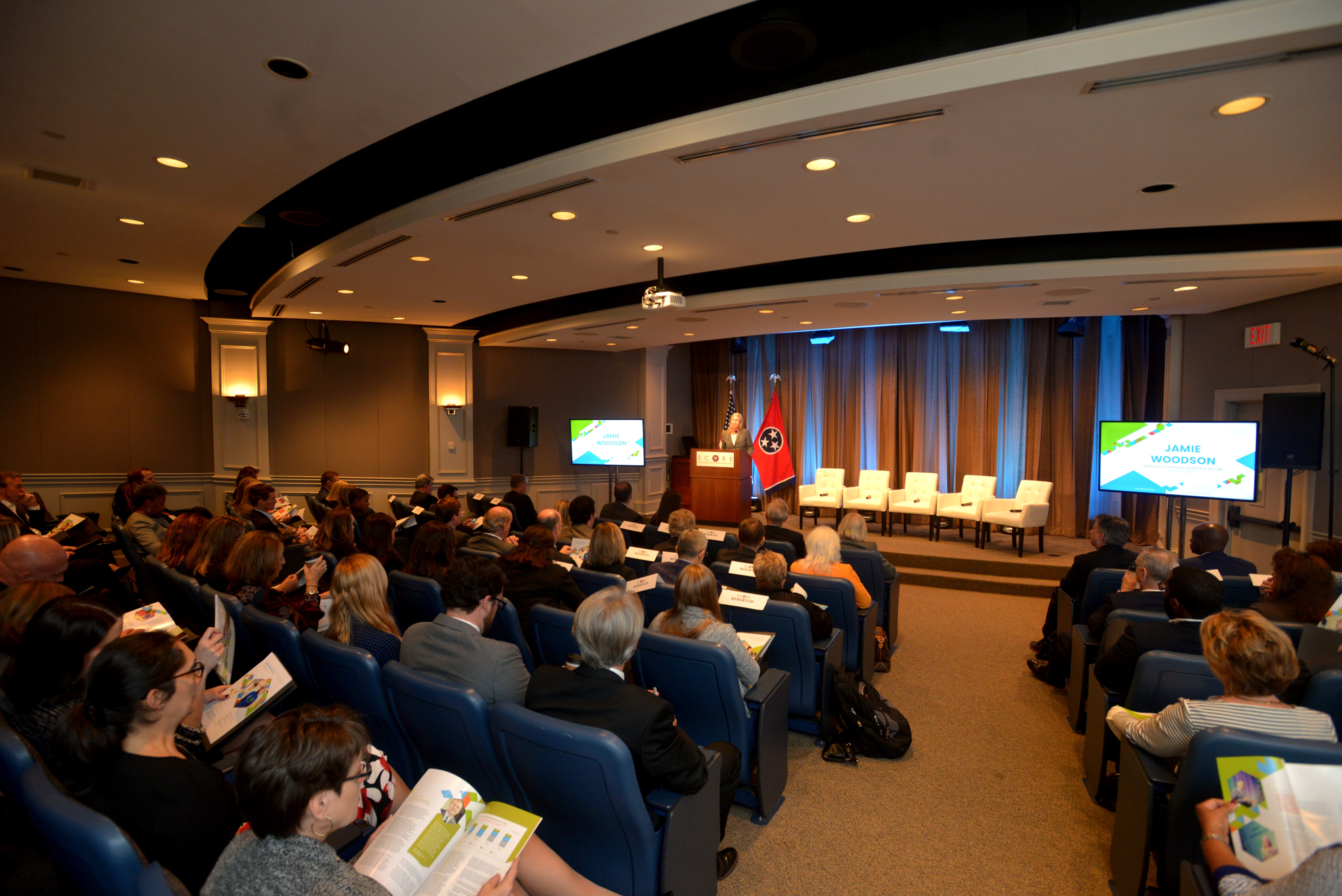 CEO Jamie Woodson of the State Collaborative on Reforming Education speaks to education leaders from across Tennessee during an event in Nashville to unveil the group's priorities for improving K-12 education.