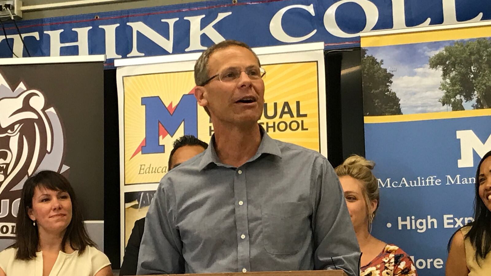 Denver Superintendent Tom Boasberg speaks at a press conference about state test scores in August 2017.