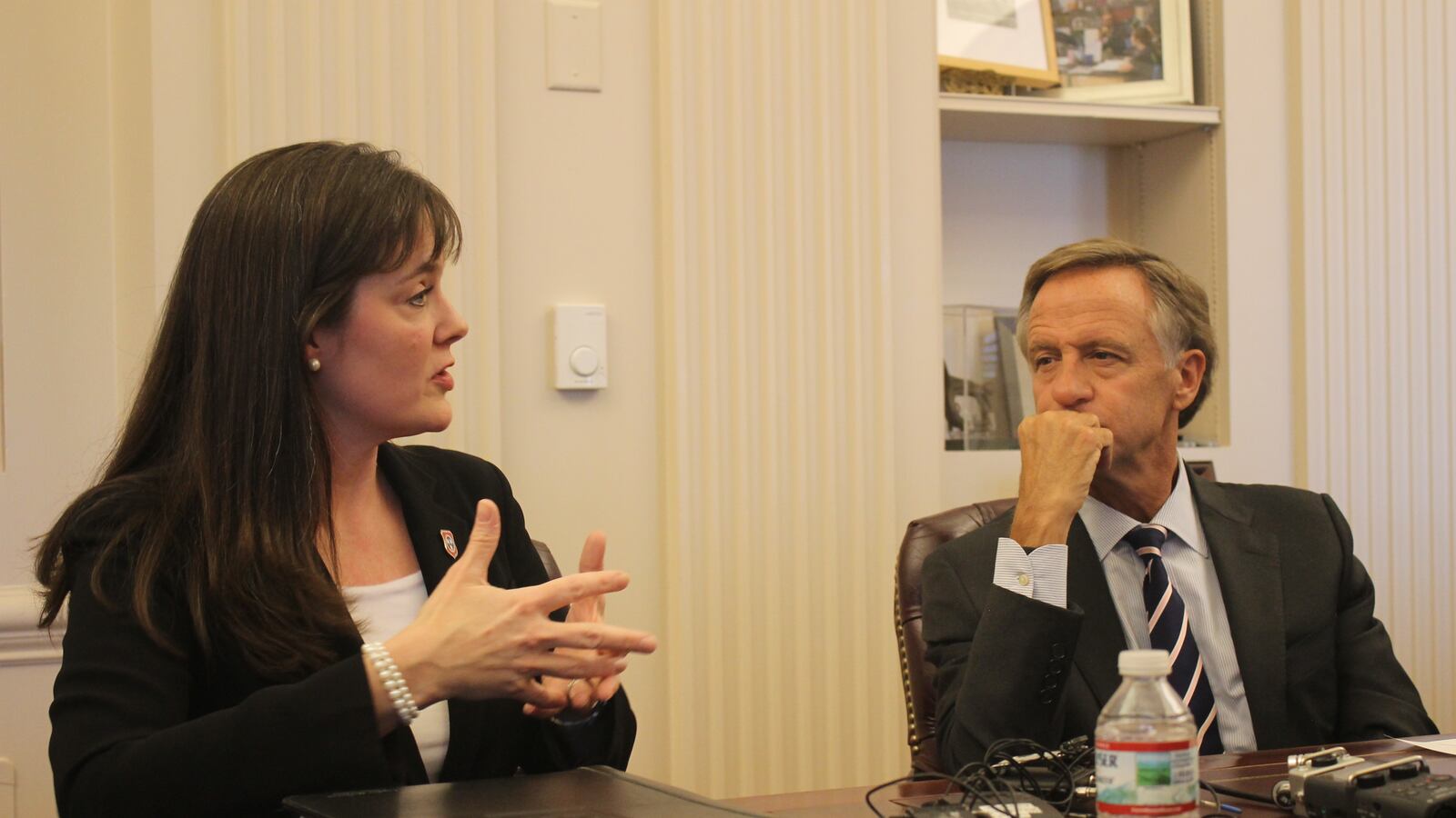 Gov. Bill Haslam and his education chief, Candice McQueen, speak with reporters Monday about how Tennessee will handle standardized test results this year because of technical problems administering the exams by computer.