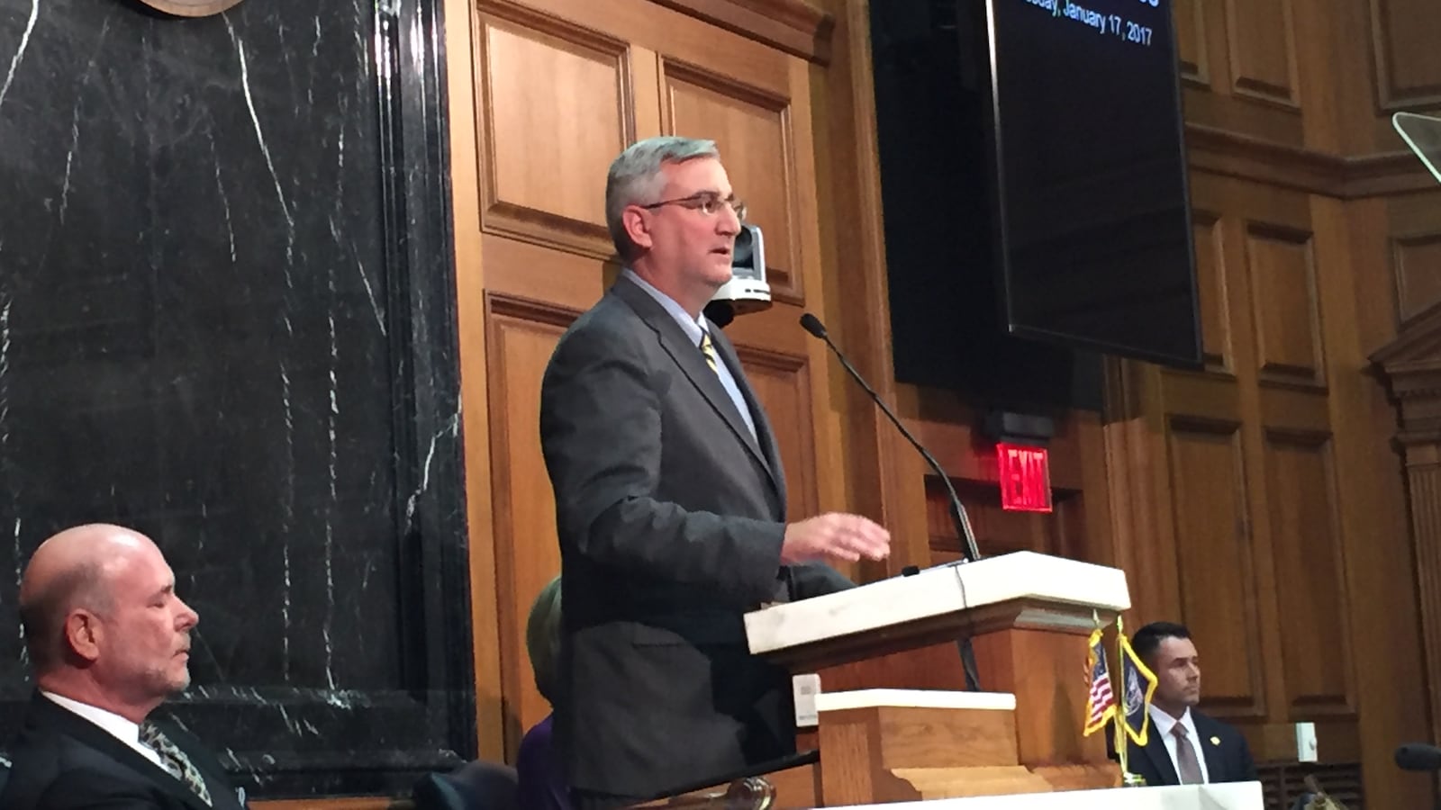 Gov. Eric Holcomb address lawmakers and the public during his State of the State Address.