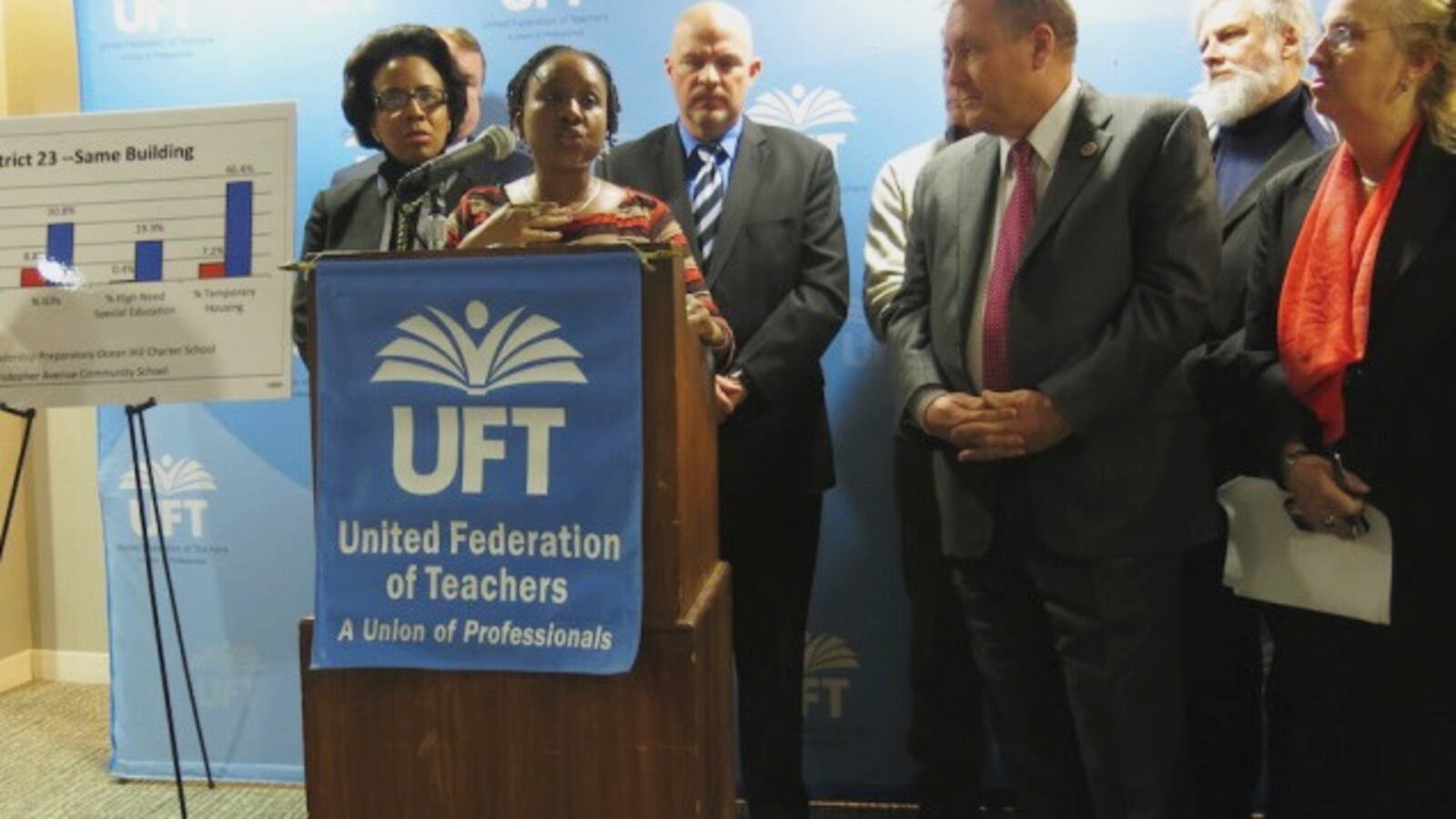 Elected officials and teachers join UFT President Michael Mulgrew at a press conference to spotlight enrollment inequities at charter schools.