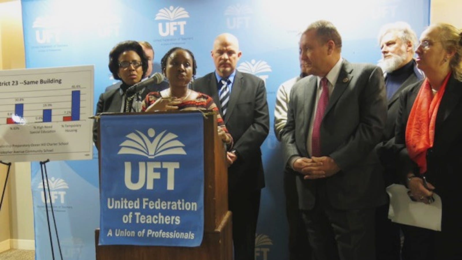 Elected officials and teachers join UFT President Michael Mulgrew at a press conference to spotlight enrollment inequities at charter schools.