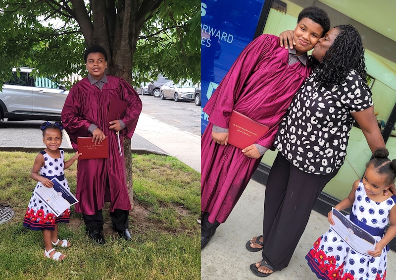 A photo collage of two photographs of a Black teenage male in a red graduation cap and gown holding a diploma, with a young Black child standing next to him. In another photo, a Black female is hugging and kissing the Black teenage male.