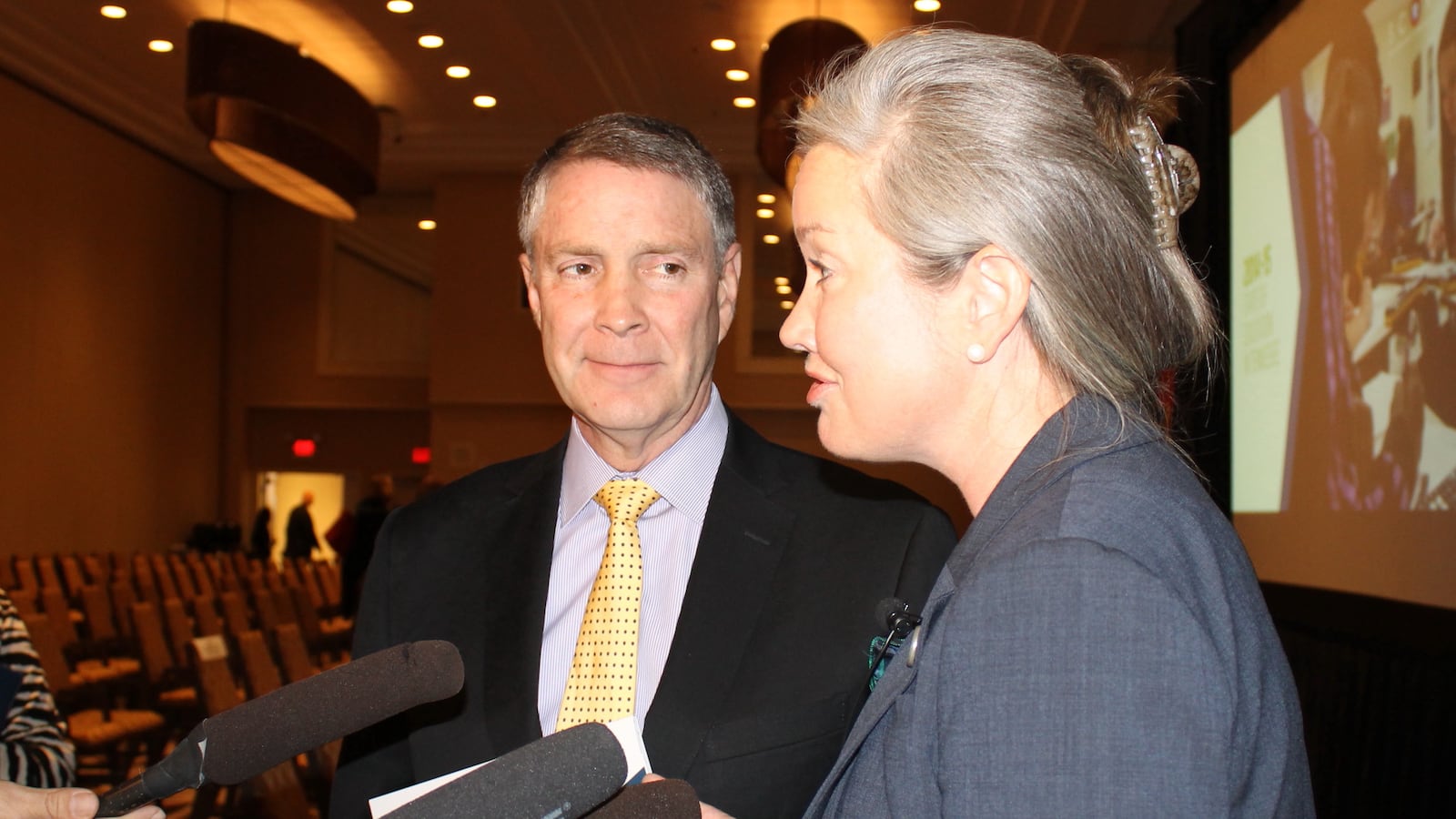 Former U.S. Sen. Bill Frist and SCORE President and CEO Jamie Woodson speak with reporters following the release of SCORE's annual State of Education in Tennessee report.