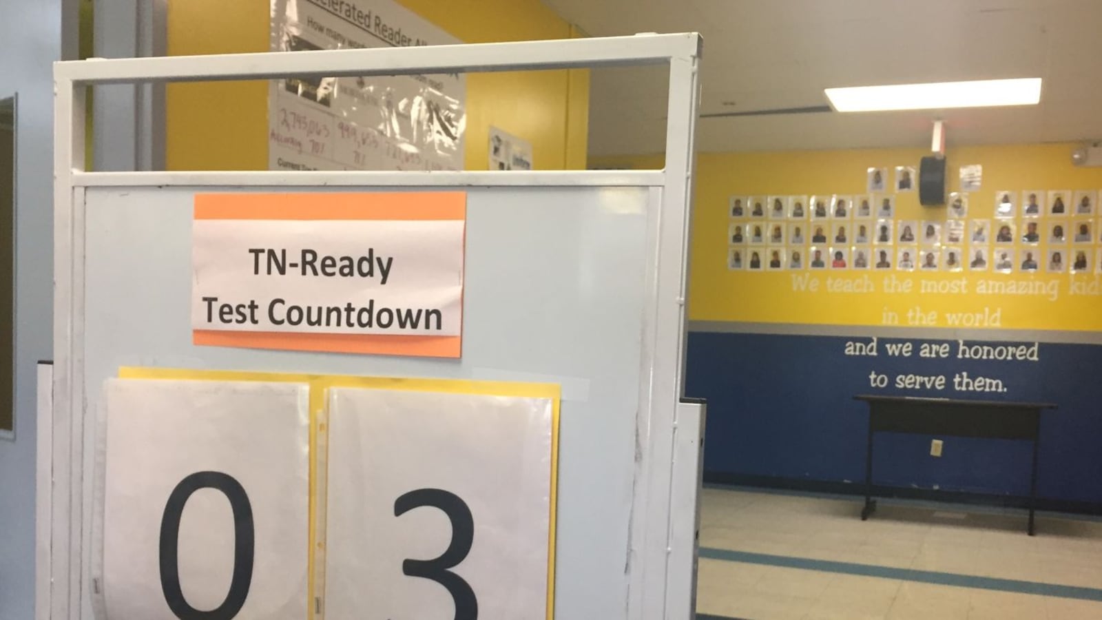 The countdown to end-of-year testing is posted at the entrance of KIPP University Middle, a Memphis charter school where students have been preparing for Tennessee's TNReady test. The testing window runs from April 17 to May 5 for students in grades 3-11.