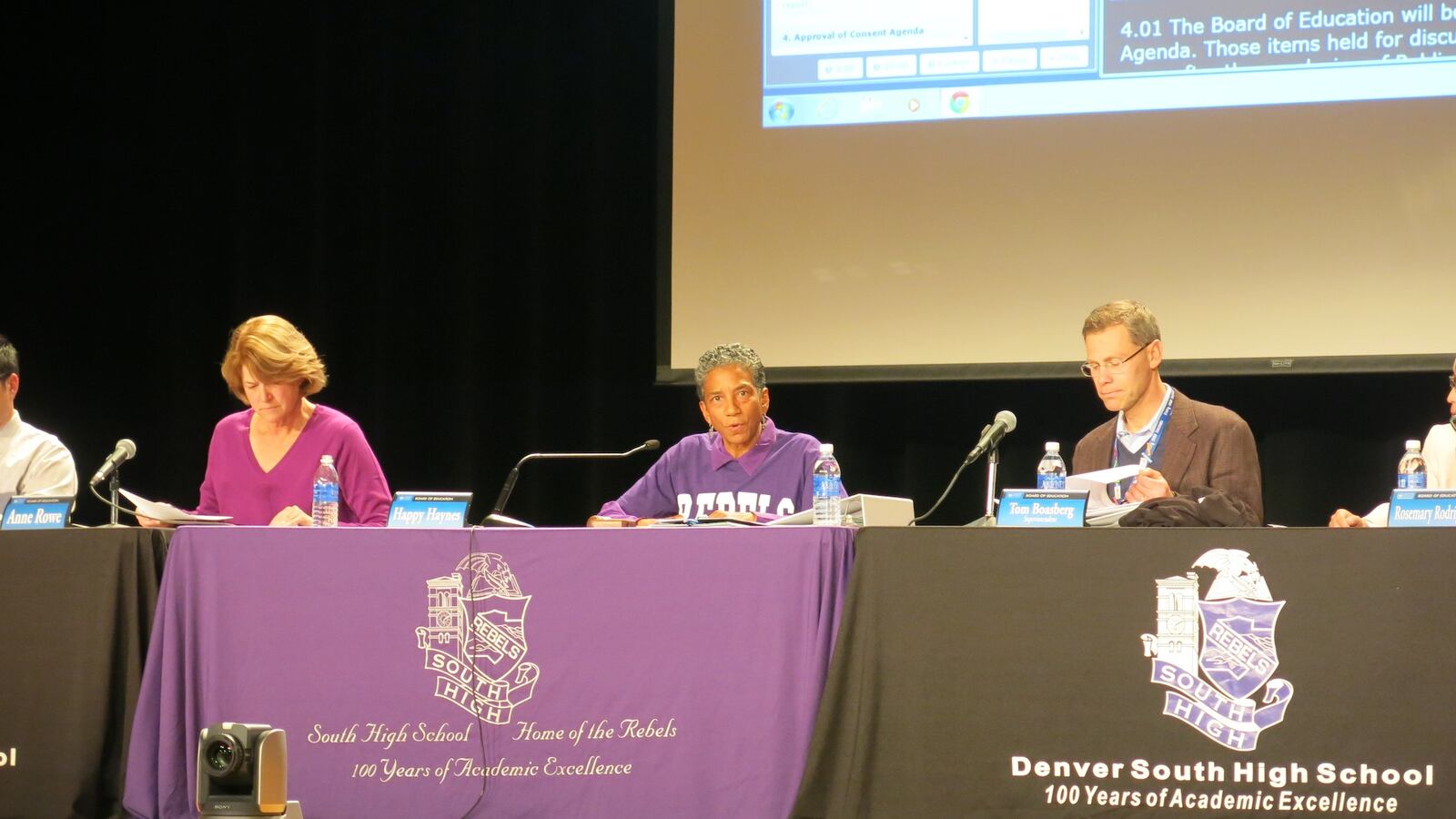 Denver school board members at South High School. The board watched a video highlighting South's students.