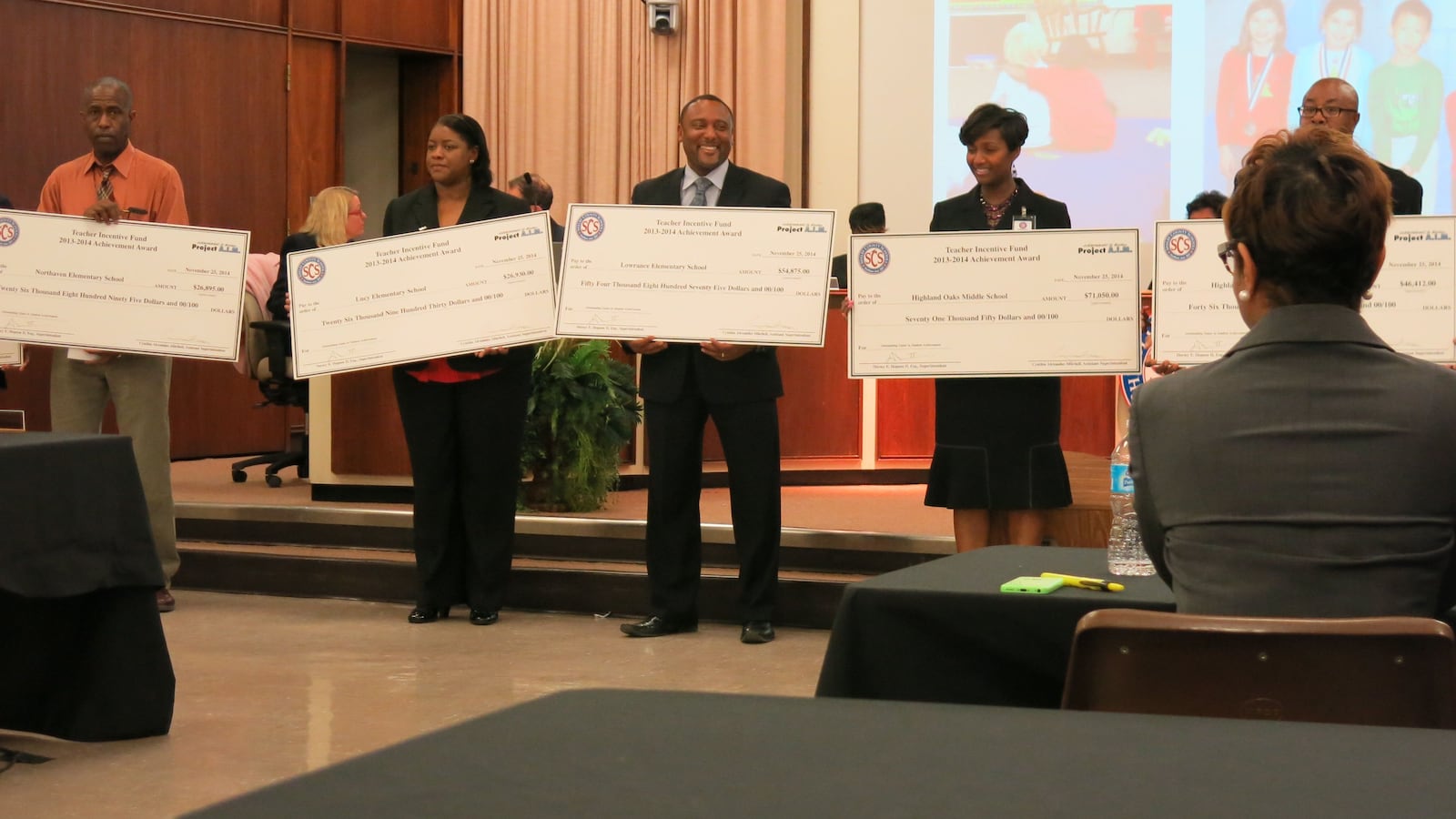 Fourteen Shelby County School principals received Teacher Incentive Funds during the board's November business meeting.  Schools that met or exceeded state goals in every subject area on the 2013-14 annual tests were eligible to use the money to incentivize the teaching staff.
