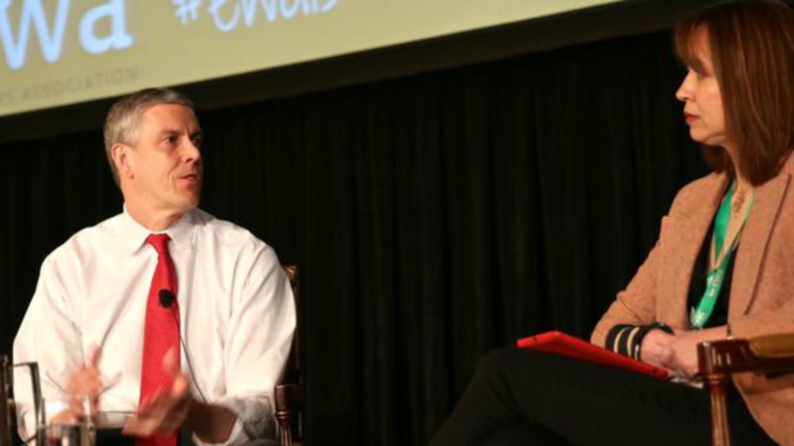 U.S. Education Secretary Arne Duncan spoke with New York Times reporter Motoko Rich during a public discussion at the Education Writers Assocation's National Seminar in Chicago on Tuesday.