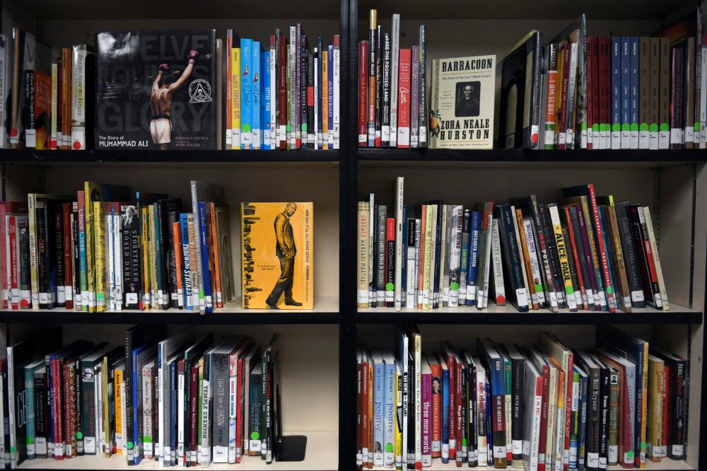 Imagine depicts books on shelves in a school library.