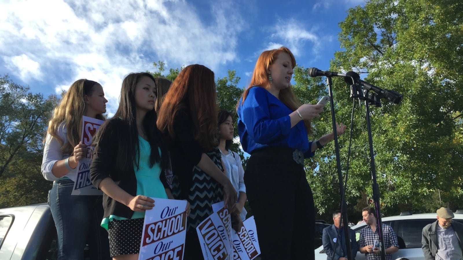 Chatfield High School student Ashlyn Maher speaks at a rally before the Jeffco school board meeting Oct. 2.