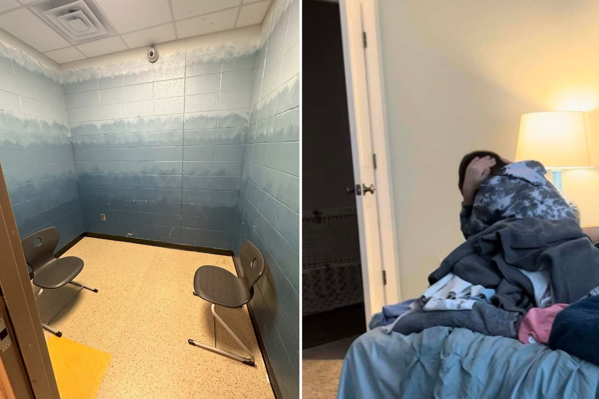 Two photos: on the left, an empty room. On the right, a boy sits on a bed covering his face