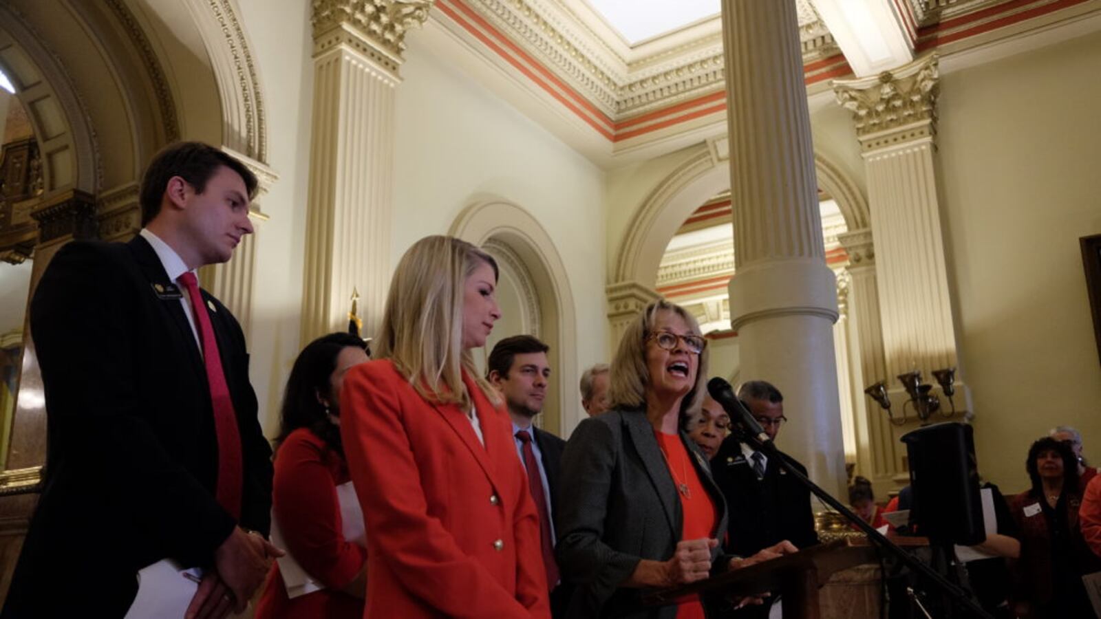 State Rep. Barbara McLachlan, a Durango Democrat, calls for more money for education during a rally with teachers and fellow Democratic members of the House Education Committee at the Capitol Monday, April 16. (Erica Meltzer/Chalkbeat)