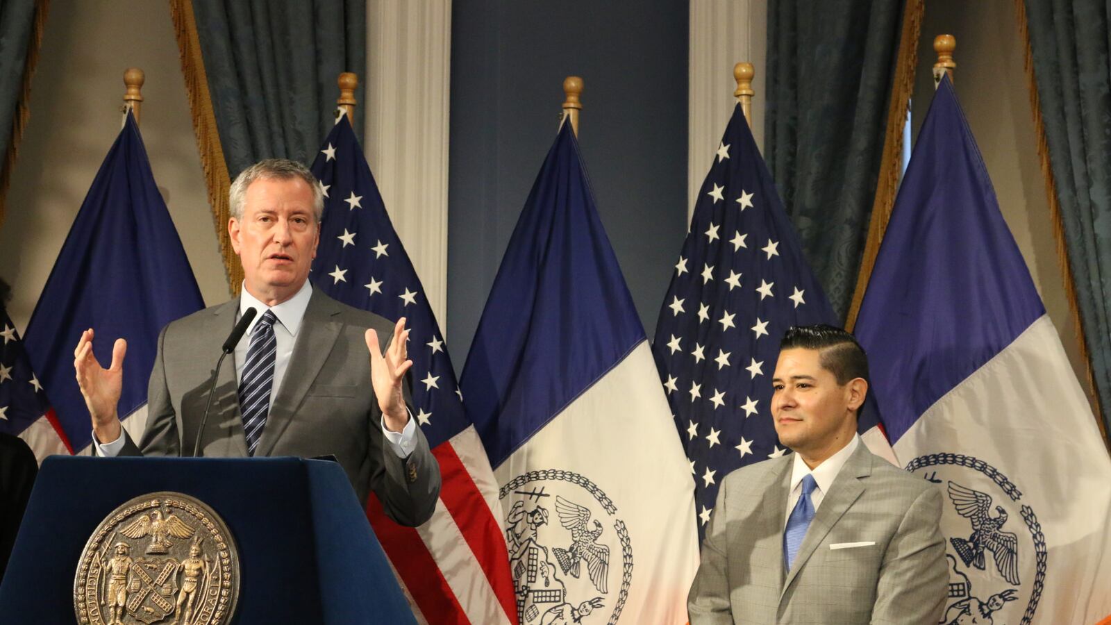 Mayor Bill de Blasio (left) took questions about graduation rates Thursday with Chancellor Richard Carranza.