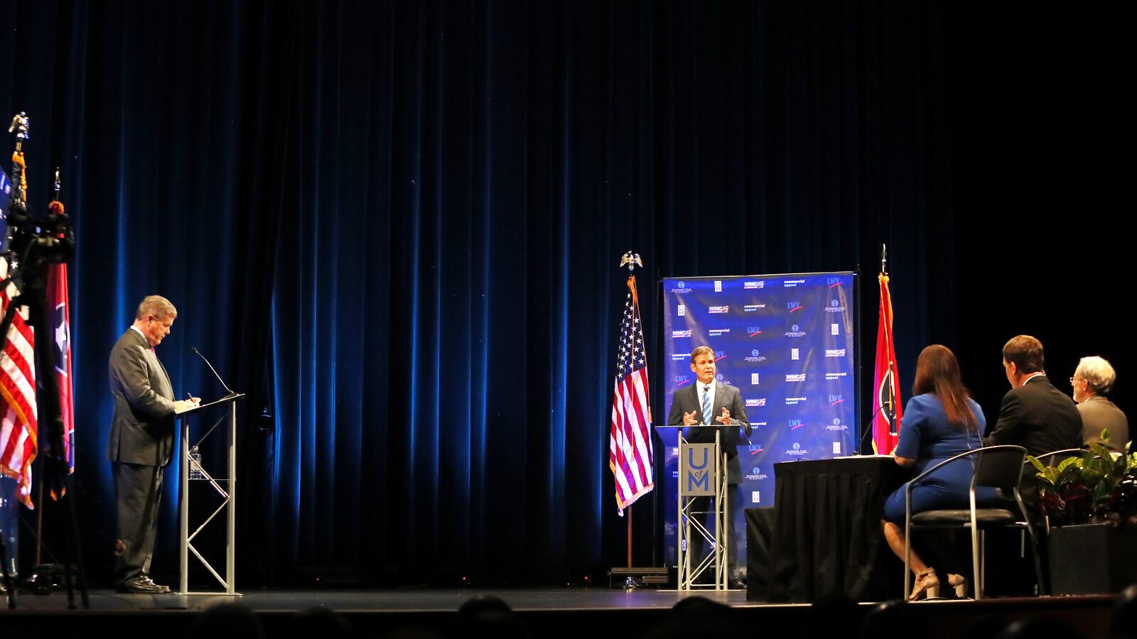 Republican candidate Bill Lee (right) speaks at the gubernatorial debate with Democratic candidate Karl Dean at the University of Memphis' Michael D. Rose Theater in Memphis on Tuesday.