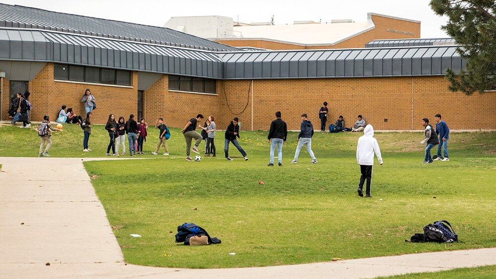 Students stand on the lawn of a high school.