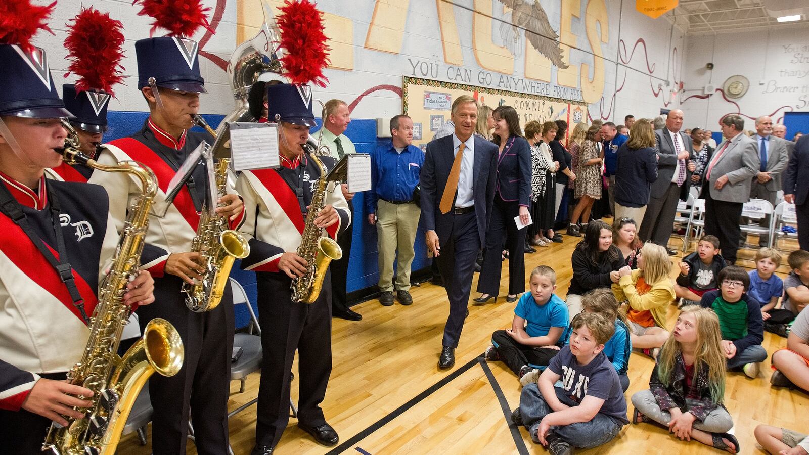 Gov. Bill Haslam attends a Knoxville school assembly in 2016 to celebrate Tennessee outpacing almost all other states in gains on a national science exam administered by the National Assessment of Educational Progress.