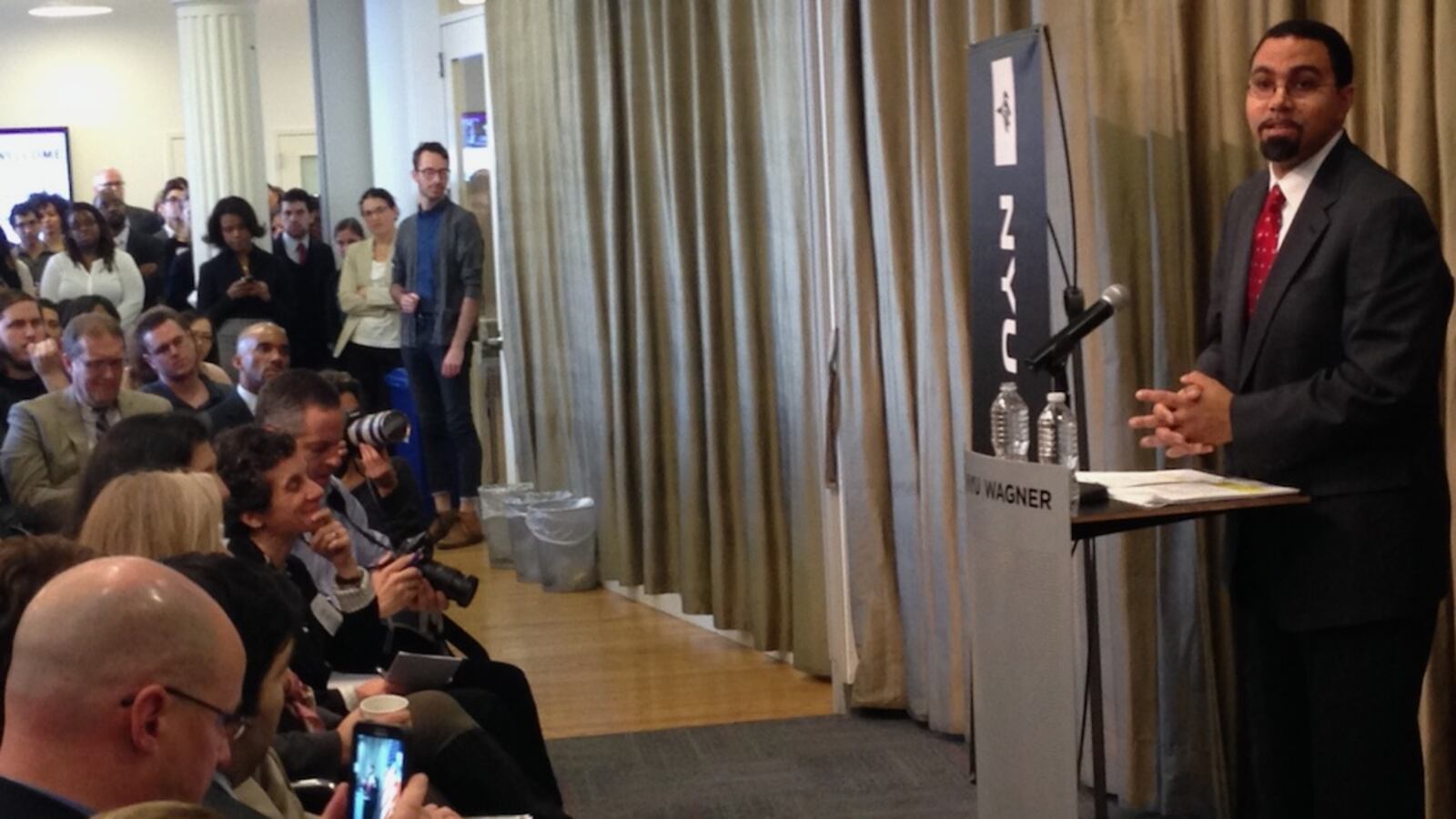 Commissioner John King at New York University's Wagner School, where he delivered a speech defending the state's education policies.
