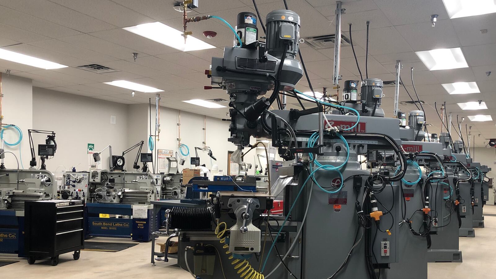 Machines sit ready for learning students at Front Range Community College's new Center for Integrated Manufacturing.