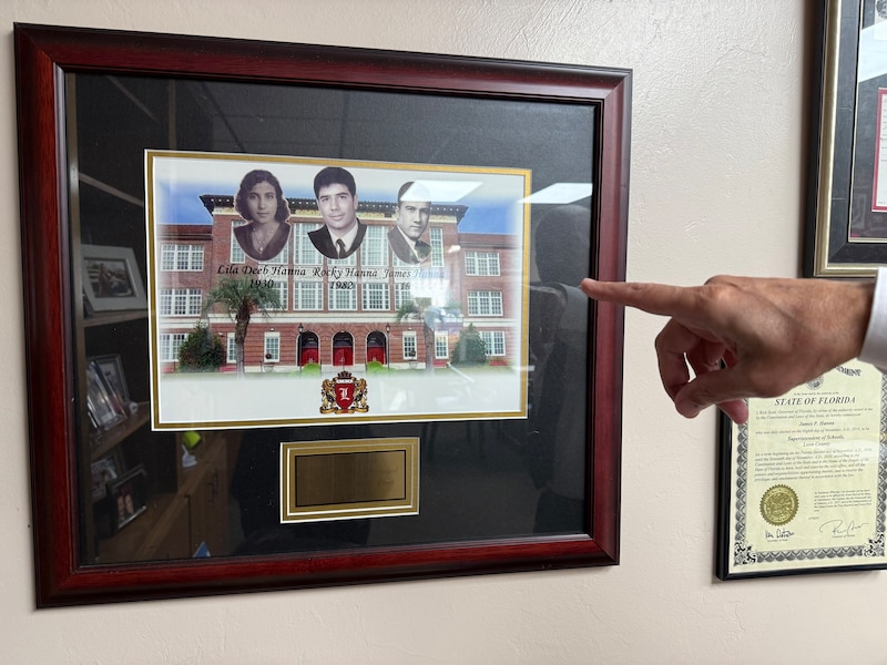 A photograph of a hand pointing to a picture on a wall.