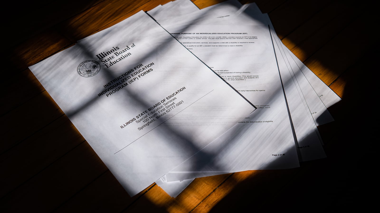 Informational documents from the Illinois State Board of Education on Individualized Education Program (IEP) forms are partially obscured by shadows.