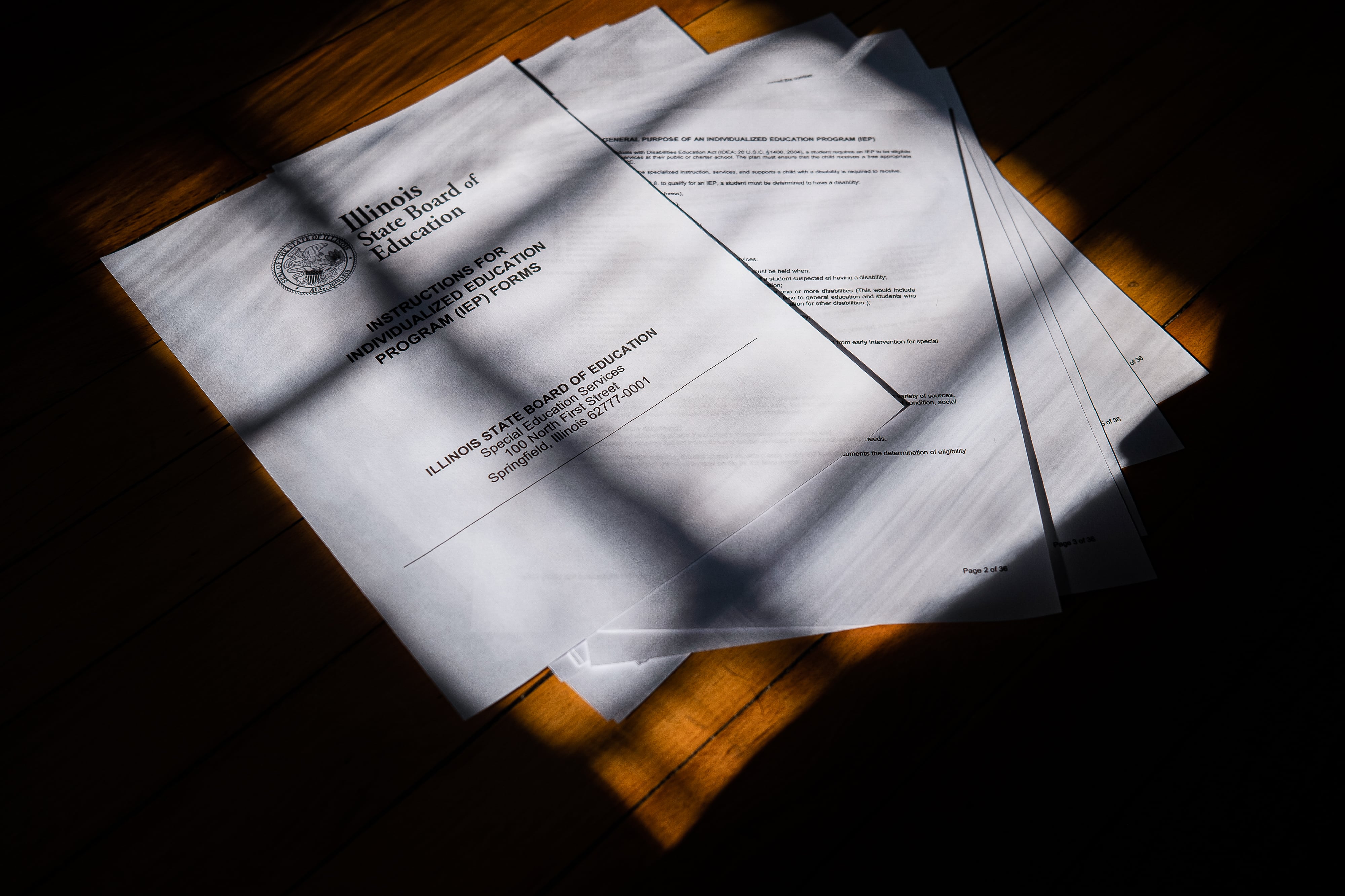 Informational documents from the Illinois State Board of Education on Individualized Education Program (IEP) forms are partially obscured by shadows.