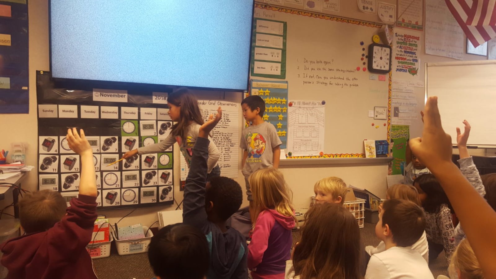 A class of second graders at Aurora Quest K-8 talk about patterns.