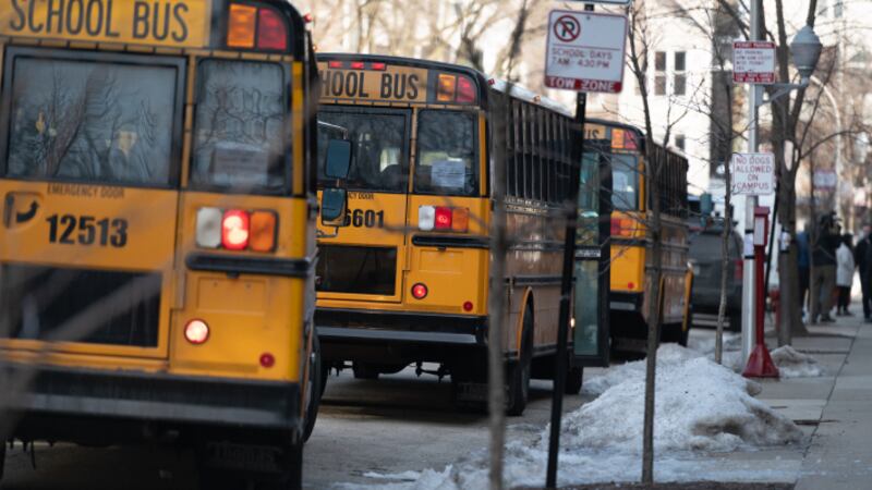 School buses make the rounds in Chicago in March as elementary schools reopen. 