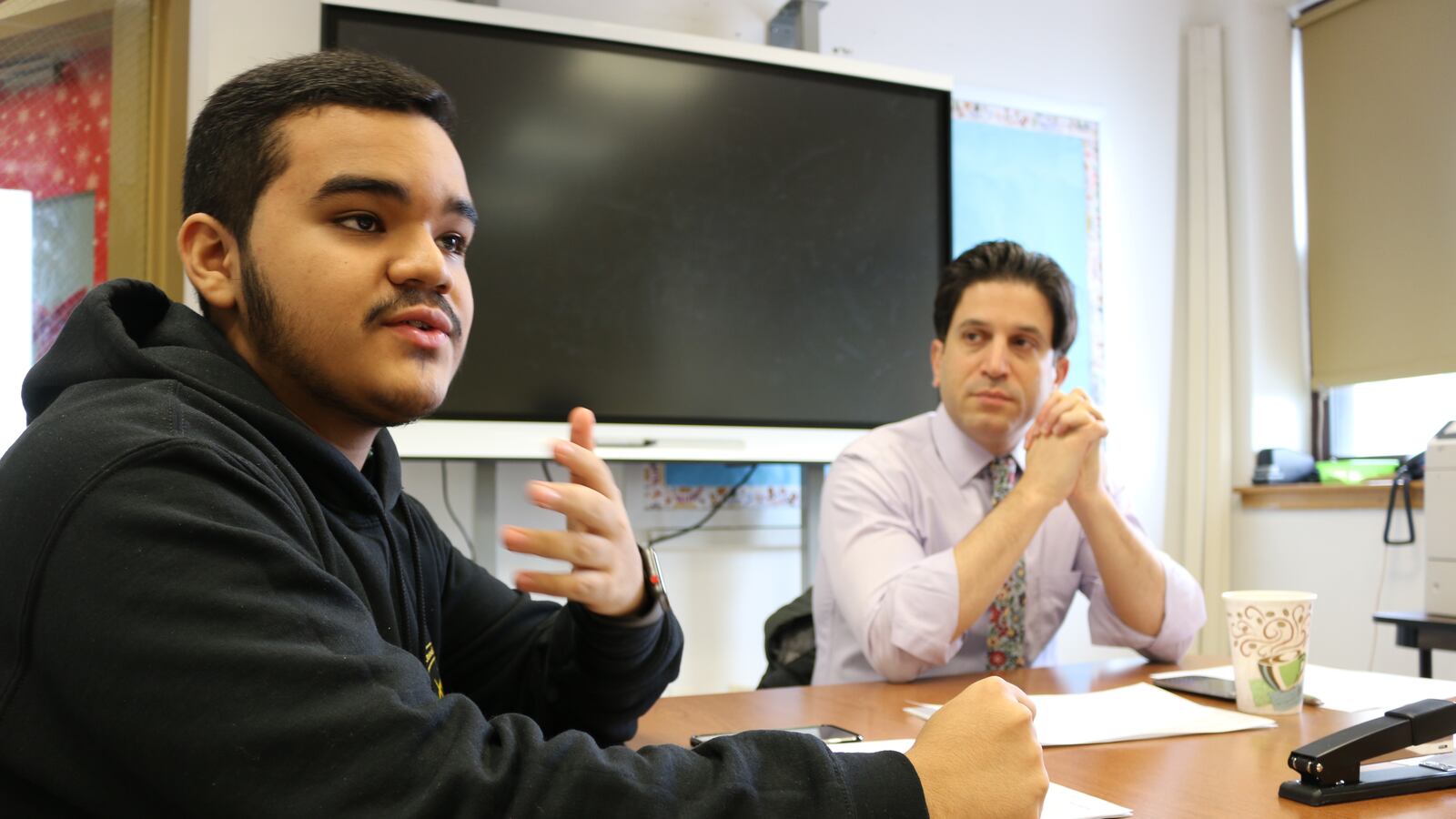 Lisandro Mayancela, a student at Brooklyn Law Tech and member of the Student Voice Collaborative, hosts visitors at his school.