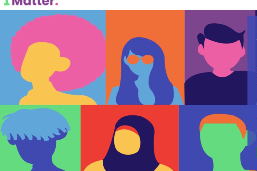 Colorful outlines of diverse people in boxes, including someone that has an afro, and someone wearing what appears to be hijab, below the words I Matter.