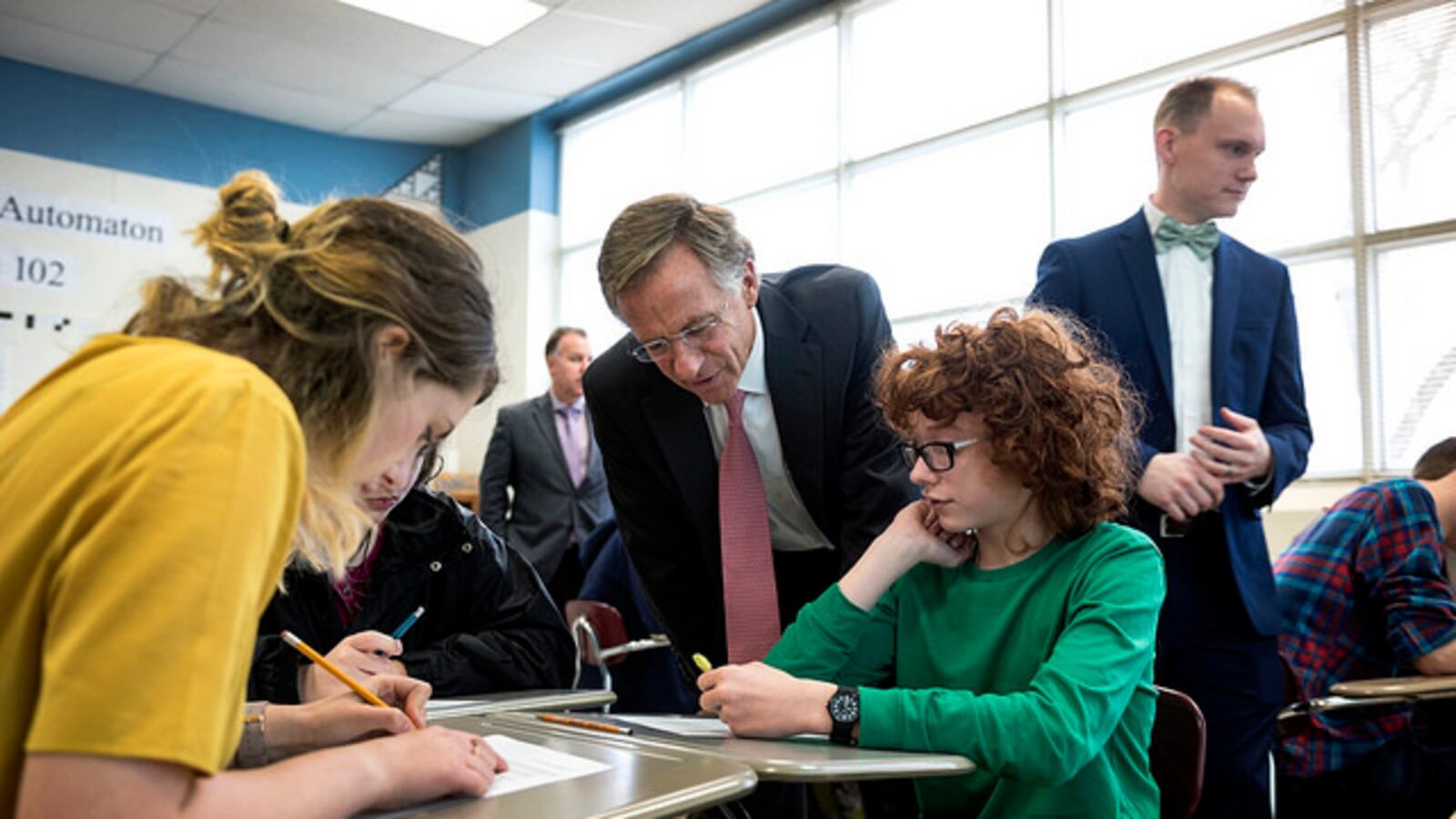 Outgoing Gov. Bill Haslam visits with Rutherford County students at Central Magnet  School in Murfreesboro in 2017. Haslam, a Republican, has stood by TNReady and the state's policies to hold students, teachers, schools, and districts accountable for their test results.