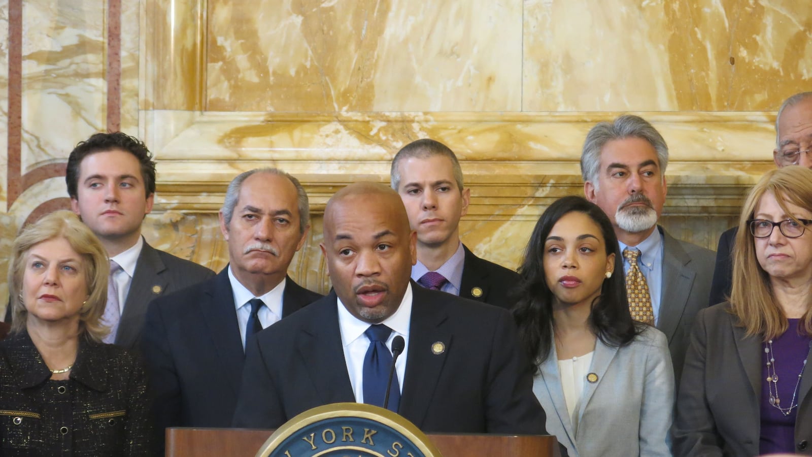 Assembly Speaker Carl Heastie at a 2015 press conference with Democratic colleagues