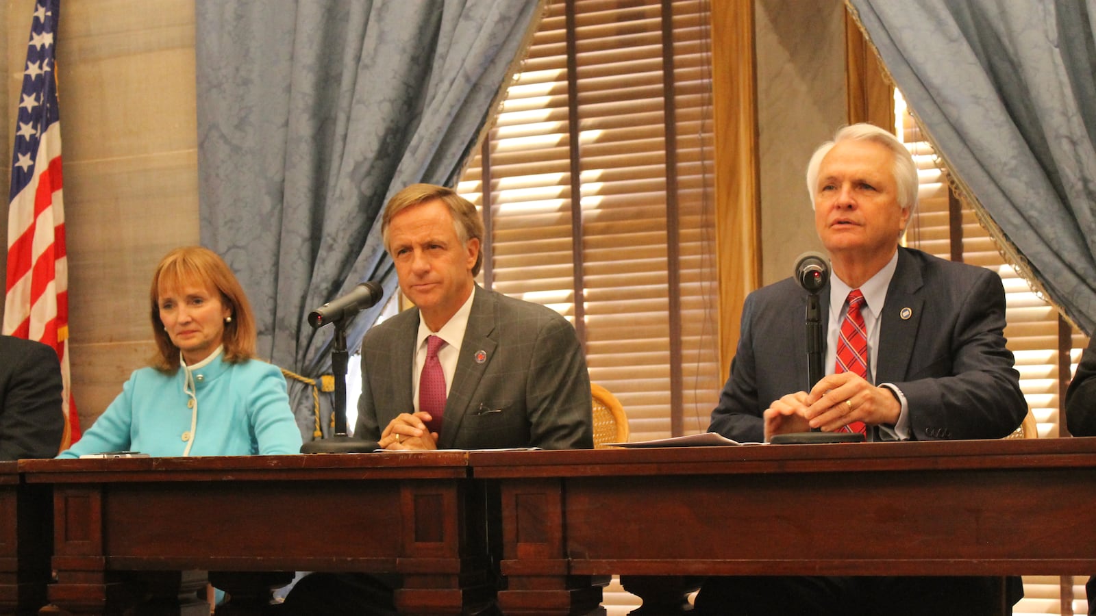 From left: House Speaker Beth Harwell, Gov. Bill Haslam and Lt. Gov. Ron Ramsey speak with reporters in April at the close of the state legislature. All three leaders have appointed members to a new committee helping to review Tennessee's academic standards.