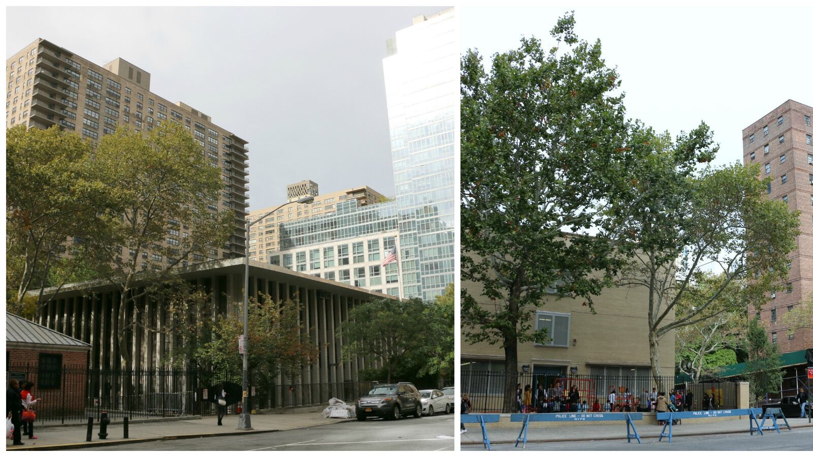 Two schools surrounded by cars and children in Manhattan’s Upper West Side.