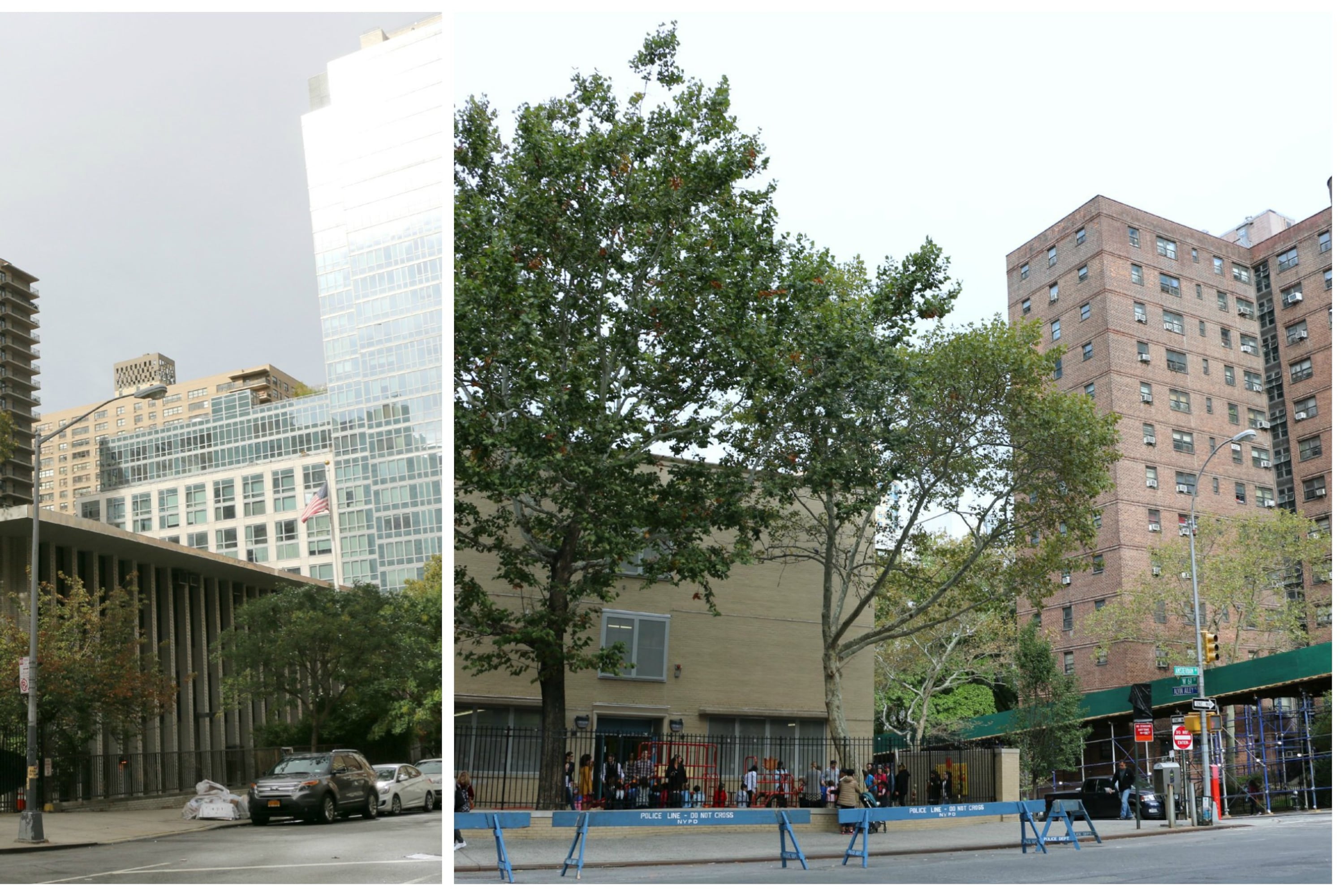 Two schools surrounded by cars and children in Manhattan’s Upper West Side.