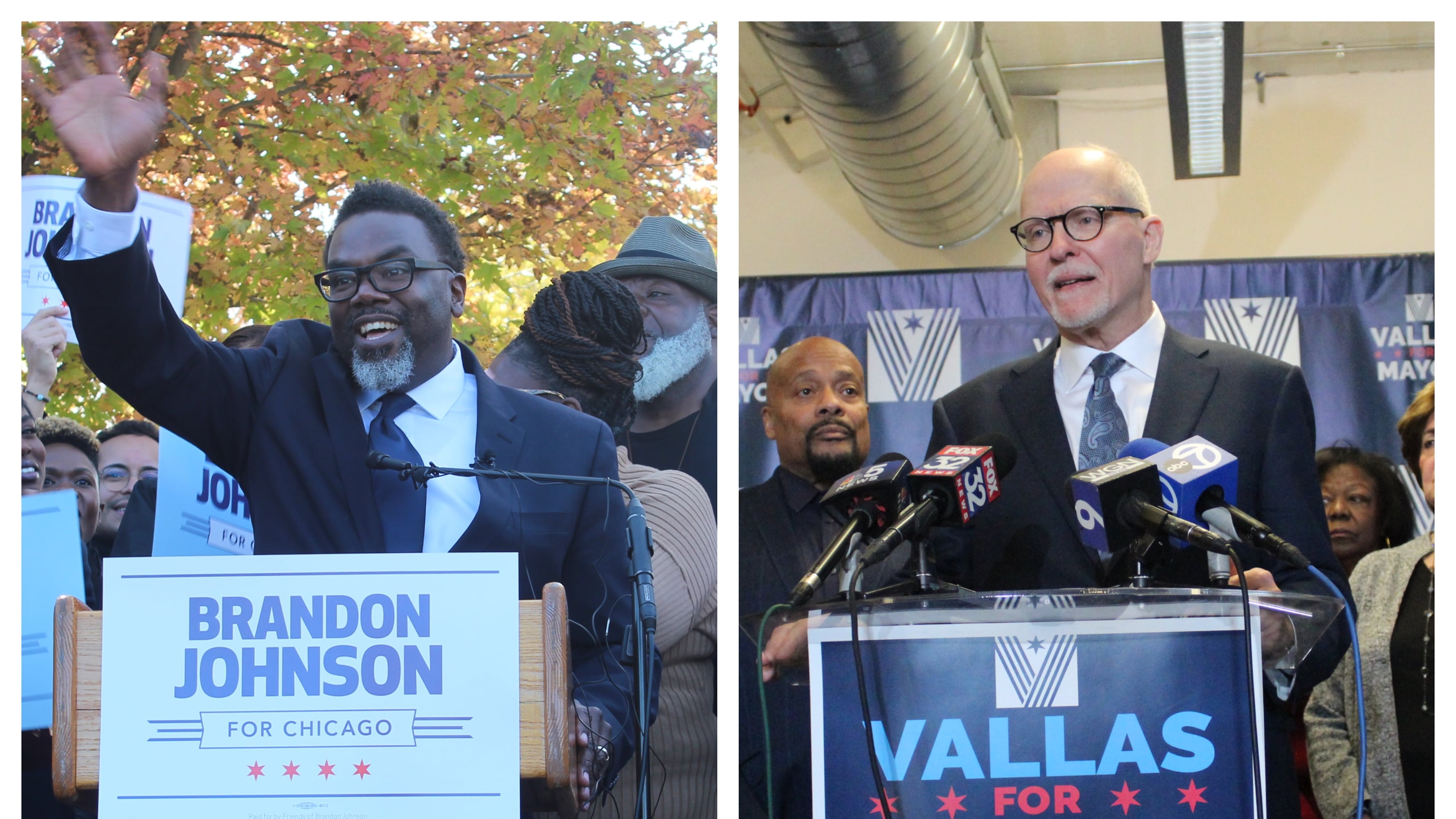 A collage of two men running for mayor of Chicago standing at podiums flanked by supporters.