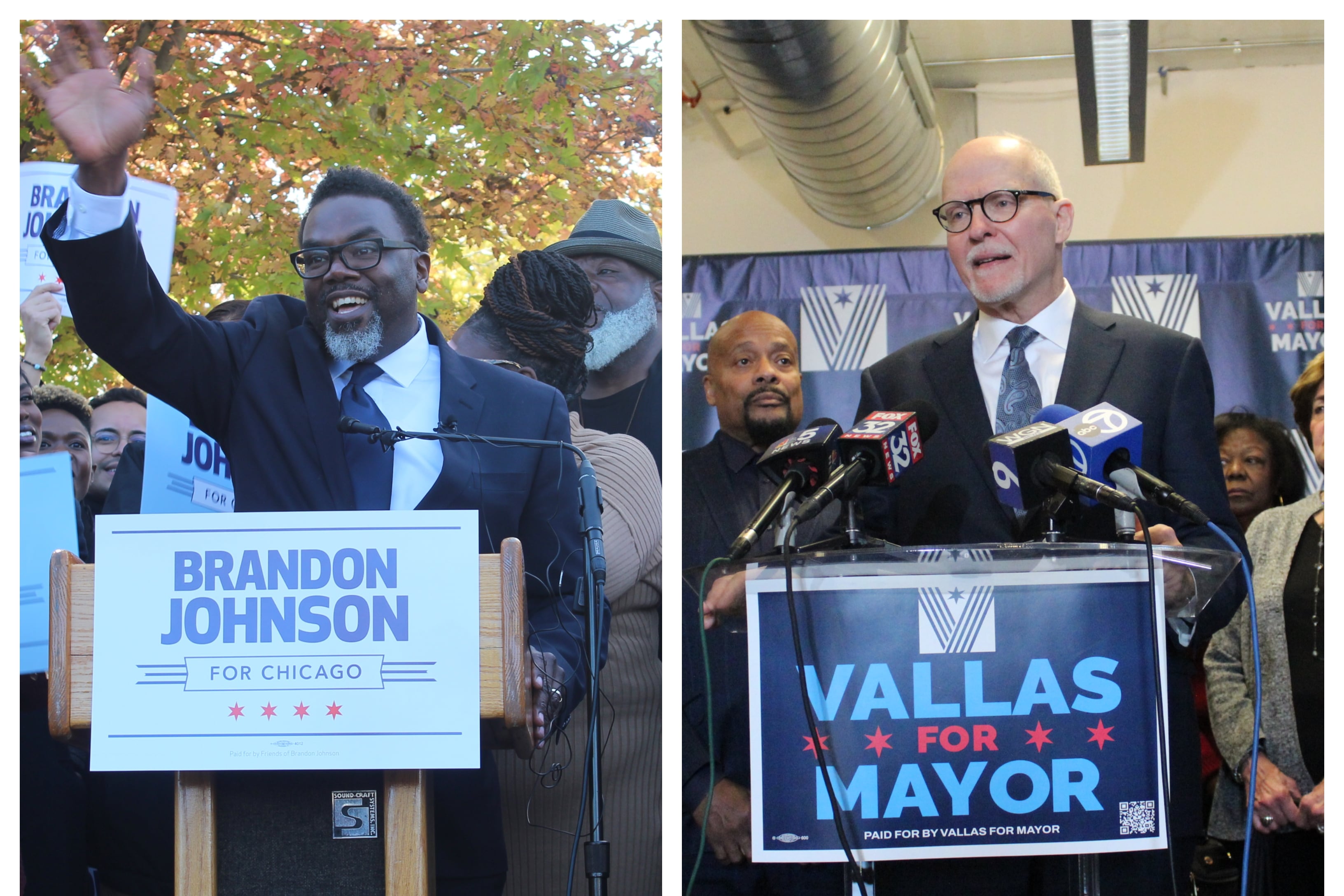 A collage of two men running for mayor of Chicago standing at podiums flanked by supporters.
