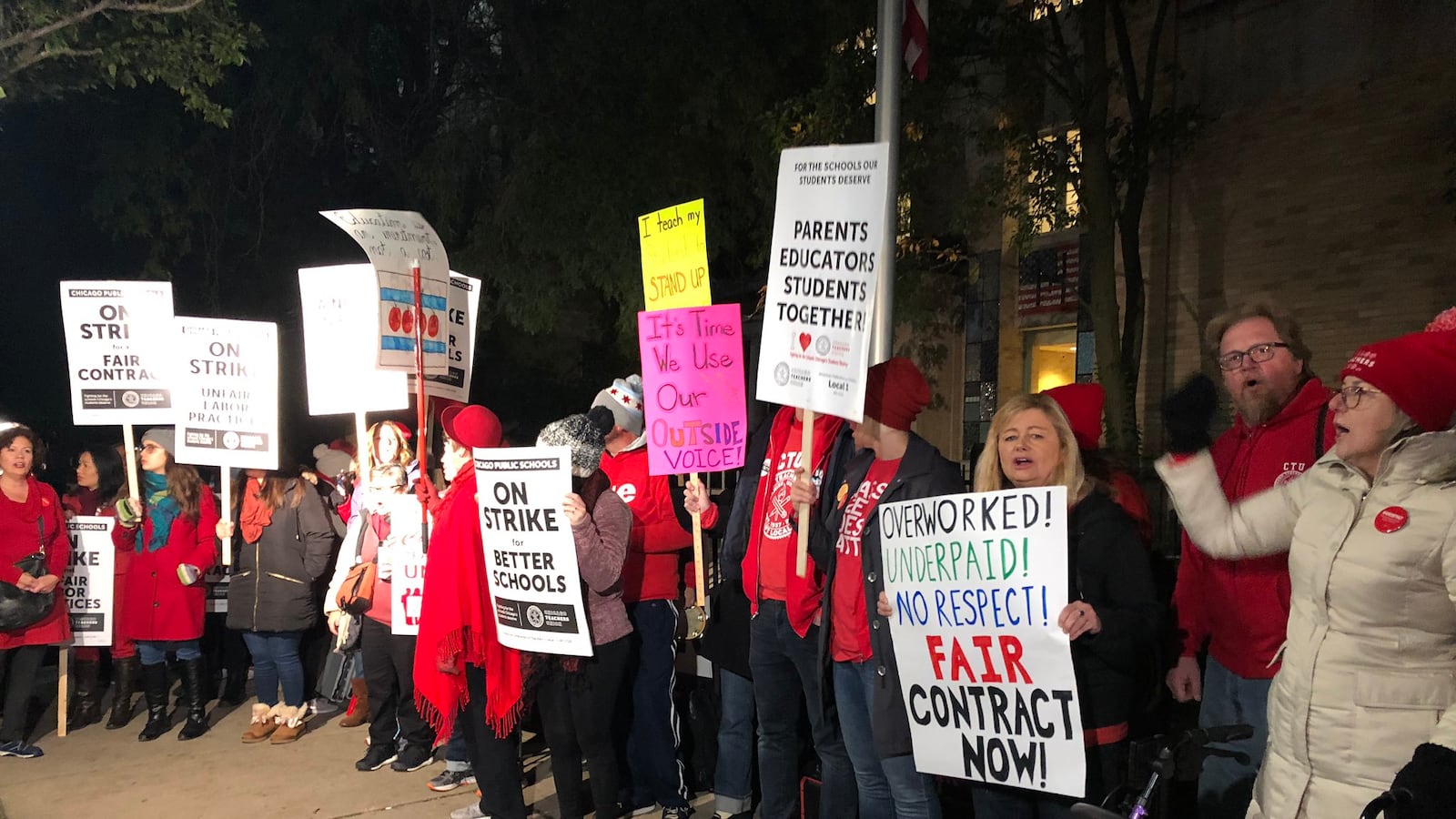 Teachers at Chicago’s Peirce Elementary School picketed early Thursday on the first day of a strike by the Chicago Teachers Union.