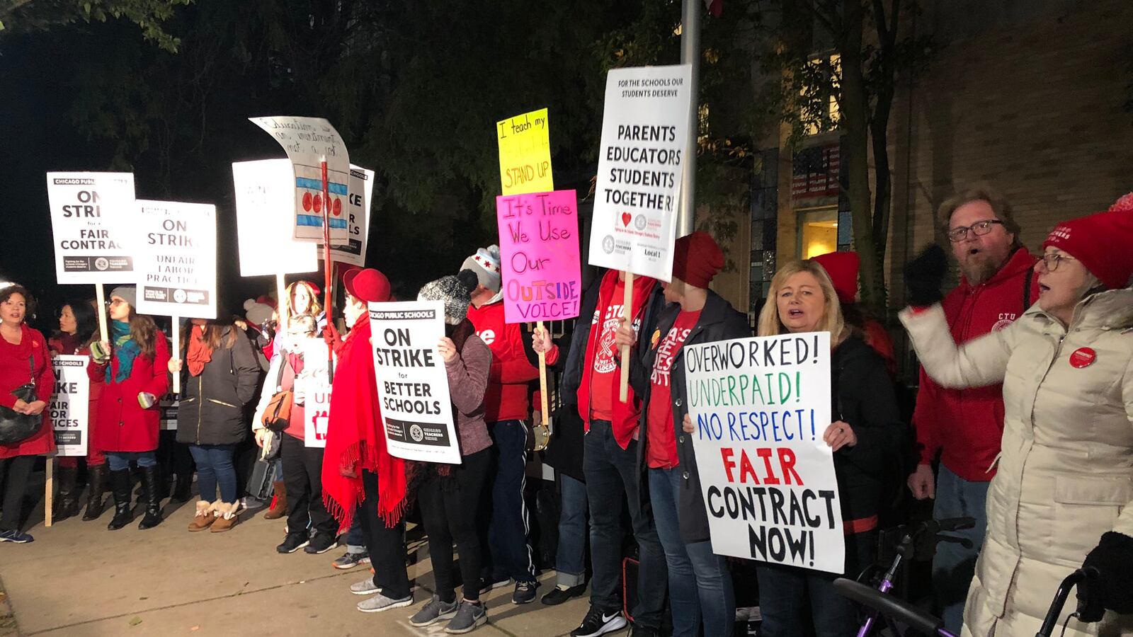 Teachers at Chicago’s Peirce Elementary School picketed early Thursday on the first day of a strike by the Chicago Teachers Union.