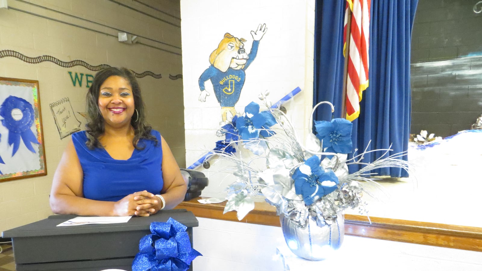 Principal Yolanda Heidelberg celebrates during a schoolwide event in November at Jackson Elementary, one of two Memphis schools honored as a 2016 National Blue Ribbon School.