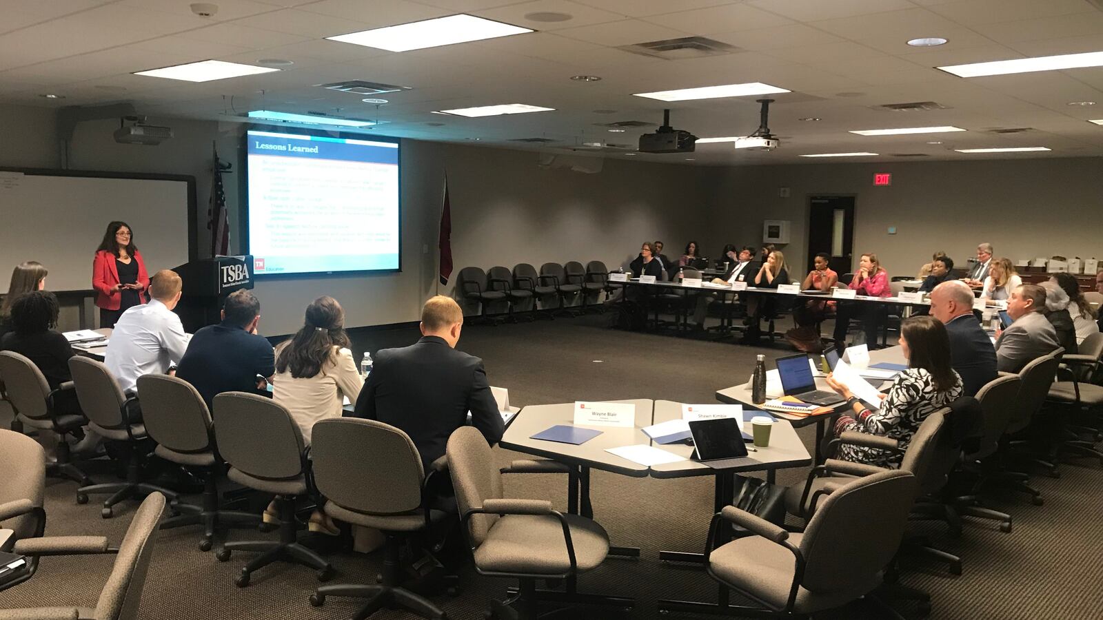 Members of Tennessee's testing task force listen to a presentation by Mary Batilwalla, deputy commissioner over assessment for Tennessee's Department of Education. The group offered feedback on options for transitioning to online testing after more problems occurred this year.